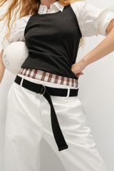 Profile view of model wearing the  Quinn Webbing Belt in  and 100% Cotton Webbing for Women