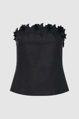 Front product shot of the Oroton Rosebud Lace Bandeau in Black and 100% linen material for Women