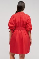 Profile view of model wearing the Oroton Lace Detail Smock Dress in Poppy and 100% cotton material for Women