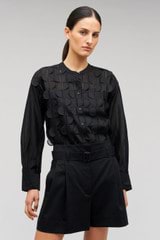 Profile view of model wearing the Oroton Scallop Lace Overshirt in Black and 85% Tencel 15% Polyester for Women