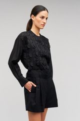 Profile view of model wearing the Oroton Scallop Lace Overshirt in Black and 85% Tencel 15% Polyester for Women