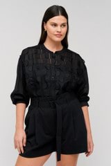 Profile view of model wearing the Oroton Scallop Lace Overshirt in Black and 85% Tencel 15% Polyester for Women