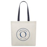 Front product shot of the Oroton Kaia Portrait Tote in Natural/Dark Navy and Recycled canvas for Women