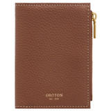 Front product shot of the Oroton Margot Mini 10 Credit Card Zip Wallet in Whiskey and Pebble leather for 