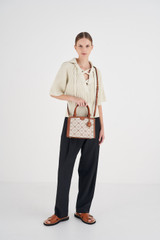 Oroton Lena Small Day Bag in Cognac and Oroton Signature Recycled Jacquard Fabric. Smooth Leather for Women