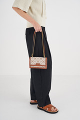 Oroton Lena Small Clutch in Cognac and Oroton Signature Recycled Jacquard Fabric. Smooth Leather for Women