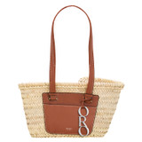 Front product shot of the Oroton Maine Small Tote in Natural/Brandy and Hand Woven Straw With Recycled Leather Trims for Women