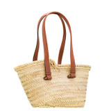 Back product shot of the Oroton Maine Small Tote in Natural/Brandy and Hand Woven Straw With Recycled Leather Trims for Women