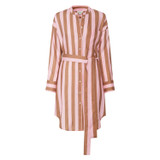 Front product shot of the Oroton Long Sleeve Linen Stripe Shirt Dress in Brandy and 100% Linen for Women
