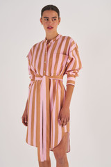 Oroton Long Sleeve Linen Stripe Shirt Dress in Brandy and 100% Linen for Women