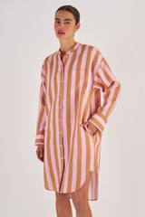 Oroton Long Sleeve Linen Stripe Shirt Dress in Brandy and 100% Linen for Women