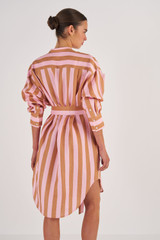 Profile view of model wearing the Oroton Long Sleeve Linen Stripe Shirt Dress in Brandy and 100% Linen for Women