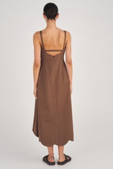 Profile view of model wearing the Oroton Scallop Detail Dress in Dark Chocolate and 70% Cotton, 30% Linen for Women