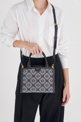 Oroton Lena Small Day Bag in Black and Oroton Signature Recycled Jacquard Fabric. Smooth Leather for Women