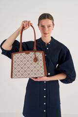 Oroton Lena Day Bag in Cognac and Oroton Signature Recycled Jacquard Fabric. Smooth Leather for Women