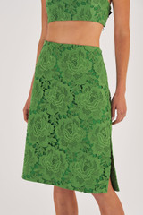 Profile view of model wearing the Oroton Lace A Line Skirt in Garden and 100% Polyester for Women