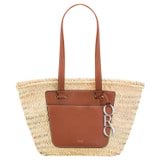 Front product shot of the Oroton Maine Medium Tote in Natural/Brandy and Hand Woven Straw With Recycled Leather Trims for Women