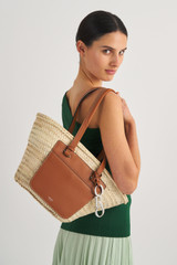 Oroton Maine Medium Tote in Natural/Brandy and Hand Woven Straw With Recycled Leather Trims for Women