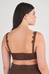 Profile view of model wearing the Oroton Scallop Bralette in Dark Chocolate and 100% Linen for Women