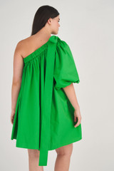 Profile view of model wearing the Oroton One Shoulder Gathered Dress in Meadow and 100% Cotton for Women