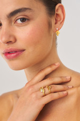 Profile view of model wearing the Oroton Sage Ring Stack in Worn Gold/White and  for Women