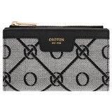 Oroton Lena Small Slim Zip Wallet in Black and Oroton Signature Recycled Jacquard Fabric. Smooth Leather for Women