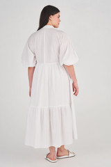 Profile view of model wearing the Oroton Poplin Gathered Dress in White and 100% Cotton for Women