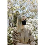 Profile view of model wearing the Oroton Oroton X Hemp Black Fusion Face Mask in Black and Copper Polyester, Hemp Black & Nylon/Spandex for Women