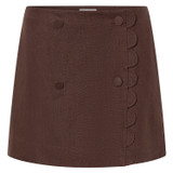 Front product shot of the Oroton Scallop Wrap Skirt in Dark Chocolate and 100% Linen for Women
