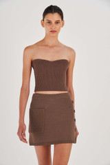 Profile view of model wearing the Oroton Knit Bodice in Cocoa and 100% Cotton for Women