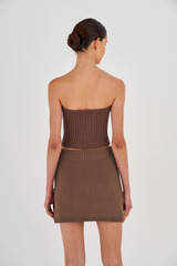 Profile view of model wearing the Oroton Knit Bodice in Cocoa and 100% Cotton for Women