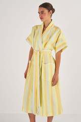 Profile view of model wearing the Oroton Long Stripe Robe in Marigold and 100% Linen for Women