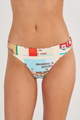 Profile view of model wearing the Oroton Ticket Print Bikini Bottom in Fuchsia and 78% Polyamide/ 22% Elastane for Women