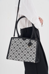 Oroton Lena Day Bag in Black and Oroton Signature Recycled Jacquard Fabric. Smooth Leather for Women