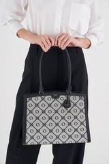 Oroton Lena Day Bag in Black and Oroton Signature Recycled Jacquard Fabric. Smooth Leather for Women