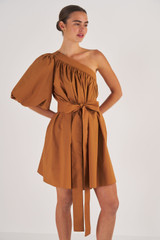 Oroton One Shoulder Gathered Dress in Brandy and 100% Cotton for Women
