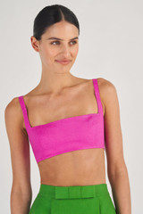 Profile view of model wearing the Oroton Tailored Bralette in Fuchsia and 100% Linen for Women