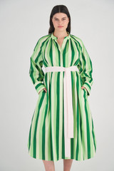 Profile view of model wearing the Oroton Multi Stripe Shirt Dress in Garden and 100% Cotton for Women