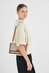 Oroton Lena Clutch in Cognac and Oroton Signature Recycled Jacquard Fabric. Smooth Leather for Women