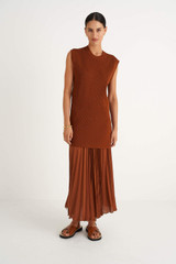 Profile view of model wearing the Oroton Sleeveless Knit Tunic in Cognac and 77% Viscose 23% Polyester for Women