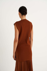 Profile view of model wearing the Oroton Sleeveless Knit Tunic in Cognac and 77% Viscose 23% Polyester for Women