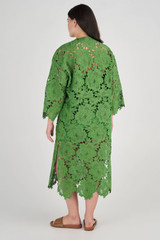 Profile view of model wearing the Oroton Lace Kaftan Dress in Garden and 100% Polyester for Women