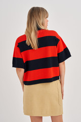 Oroton Short Sleeve Boxy Rugby Knit in North Sea and 100% Cotton for Women