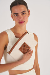 Oroton Boyd Medium Pouch in Natural/Brandy and Cotton Twill Canvas with Recycled Leather Trim for Women