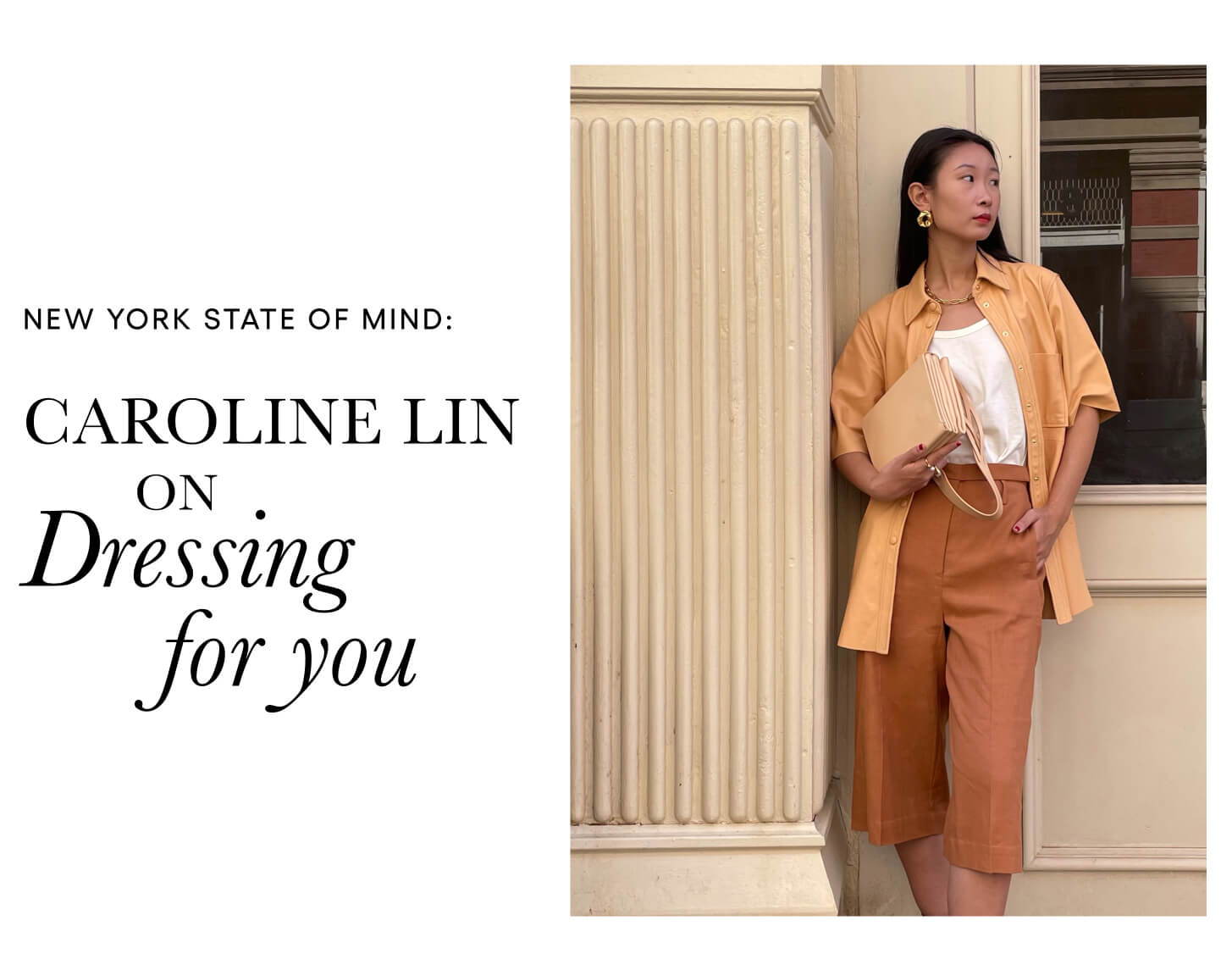 Caroline Lin wears Oroton