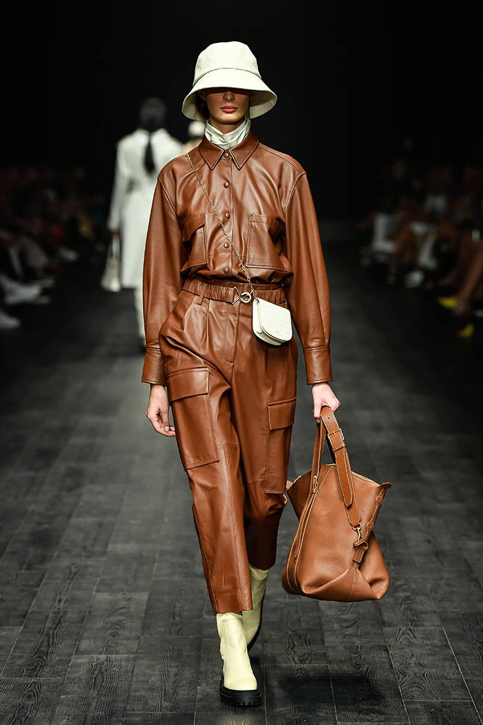 Oroton VAMFF Vogue Runway Fashion Week Brown Leather Pant Shirt